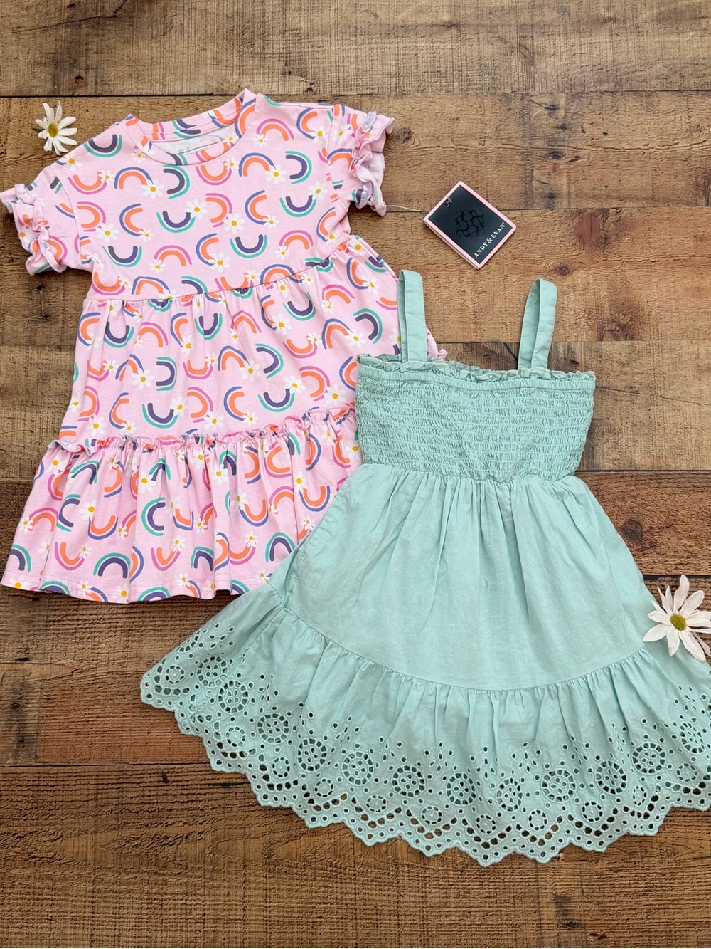 DRESSES (2) Pink Rainbow Daisy Summer Dress NWT + Mint Green Eyelet Dress